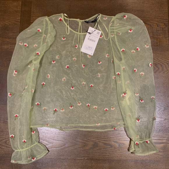 NWT Zara Puff Sleeve Floral Embroidered Organza Semi Sheer Blouse - Picture 2 of 3